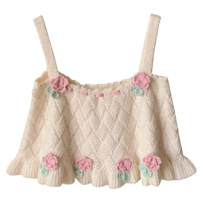 Chic Japanese Kawaii Flower Embroidery Knit Tank Top