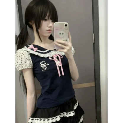 Y2K Lace T-shirt - Kawaii Cartoon Embroidery Graphic Tee