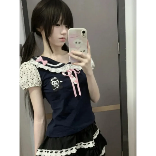 Y2K Lace T-shirt - Kawaii Cartoon Embroidery Graphic Tee