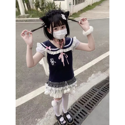 Y2K Lace T-shirt - Kawaii Cartoon Embroidery Graphic Tee