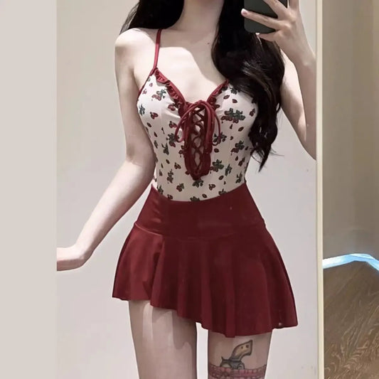 Cherry Print Lace-Up Swimsuit – Kawaii Pleated Skirt Bikini Set