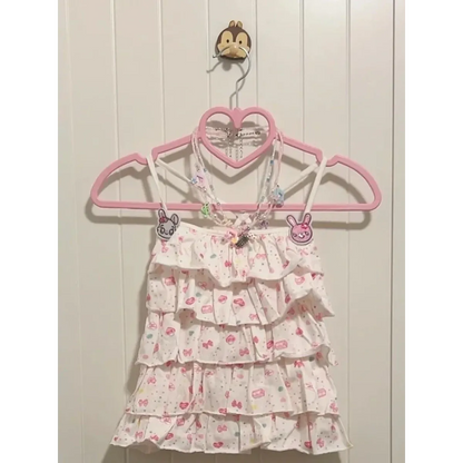 White Kawaii Ruffle Camisole – Bunny Embroidery & Bow Print