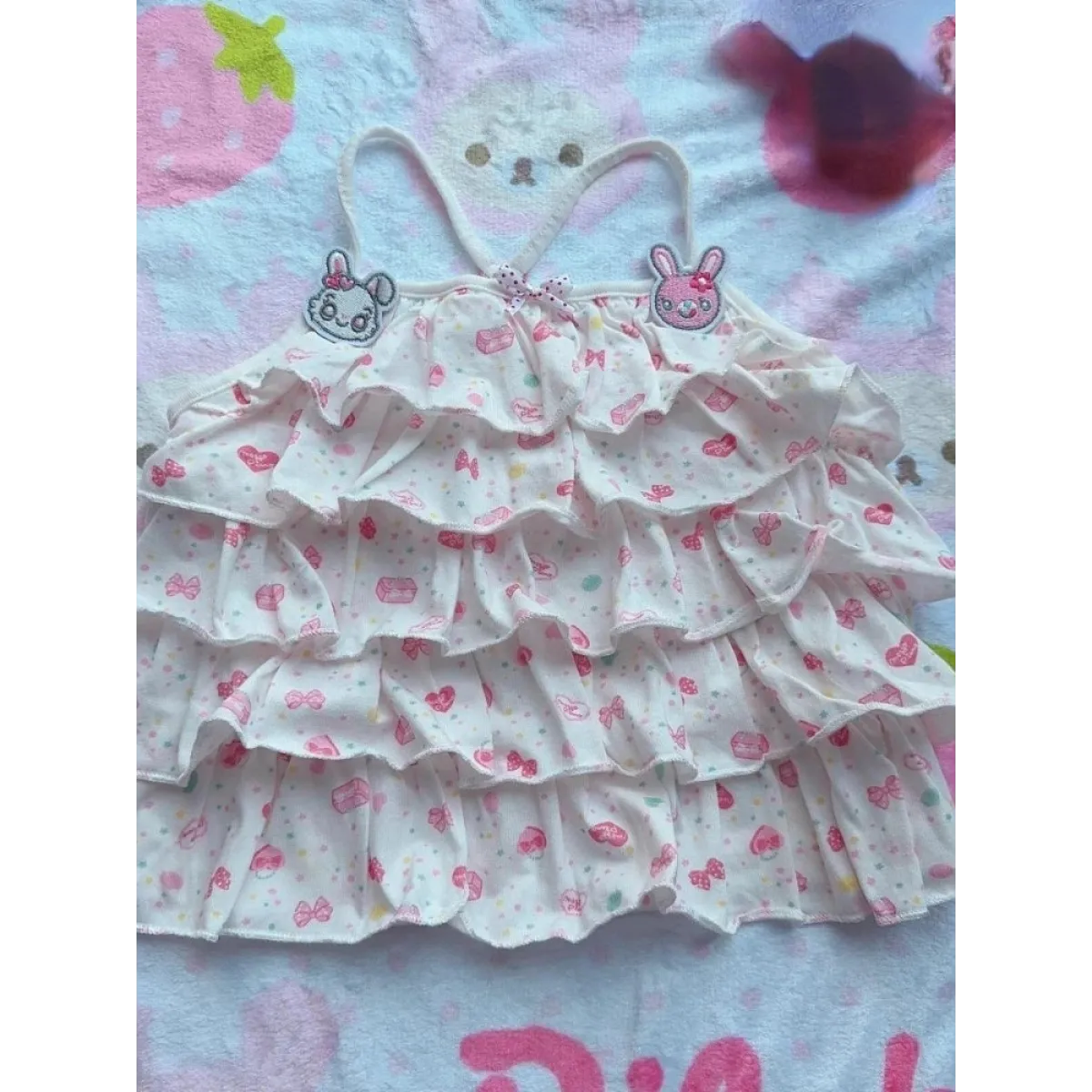 White Kawaii Ruffle Camisole – Bunny Embroidery & Bow Print