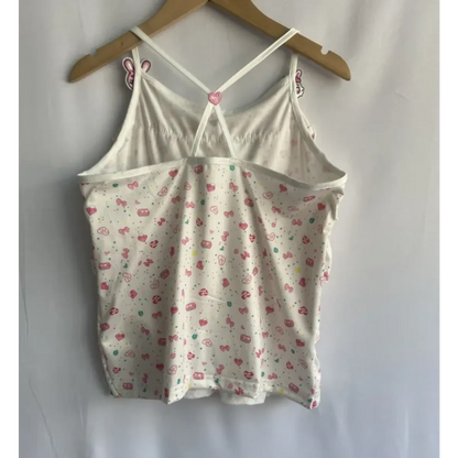 White Kawaii Ruffle Camisole – Bunny Embroidery & Bow Print