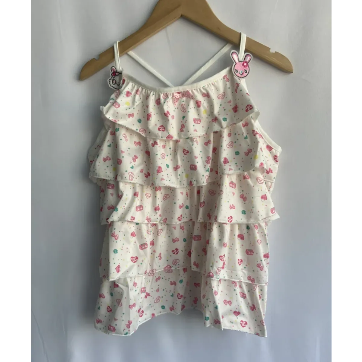 White Kawaii Ruffle Camisole – Bunny Embroidery & Bow Print