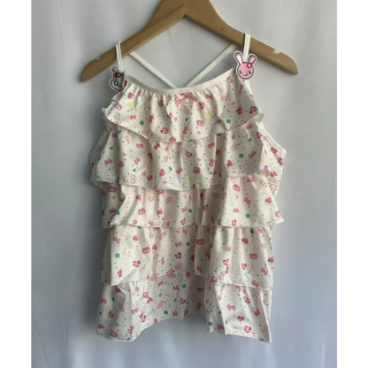 White Kawaii Ruffle Camisole – Bunny Embroidery & Bow Print