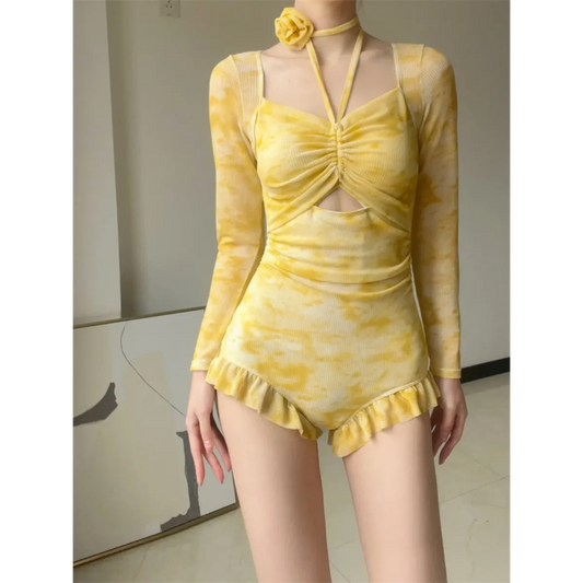 3D Floral Ruffle One-Piece – Korean Long Sleeve Beach Bodysuit