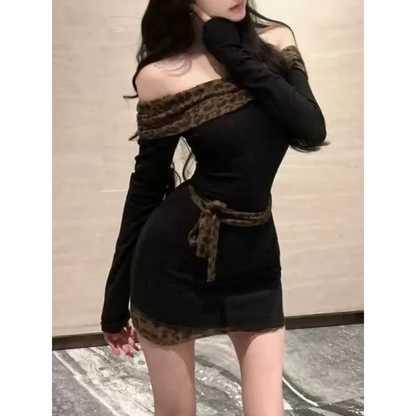 Black Off-Shoulder Mini Dress – Leopard Trim & Belt Detail