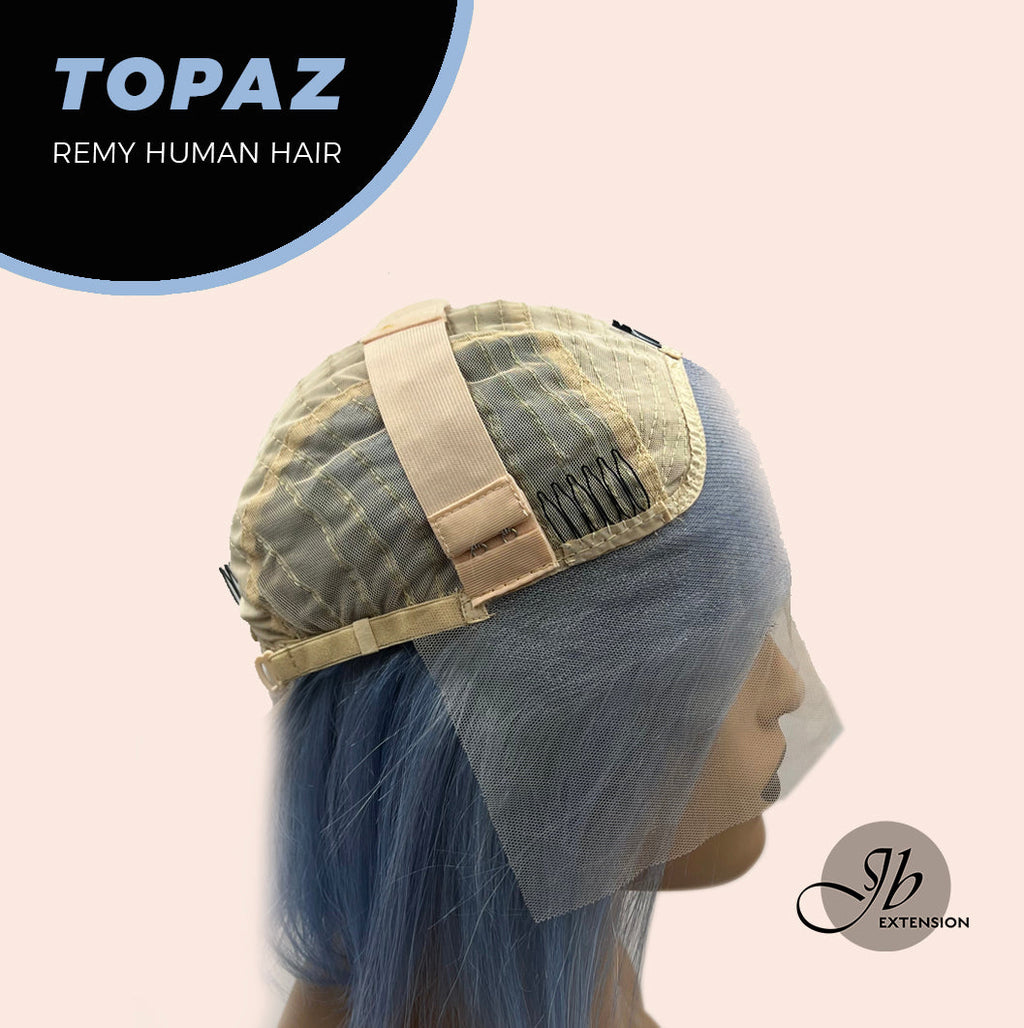 JBEXTENSION GEMSTONE COLLECTION 12 Inches Real Human Hair Light Blue Bob Cut Free Parting Wig TOPAZ