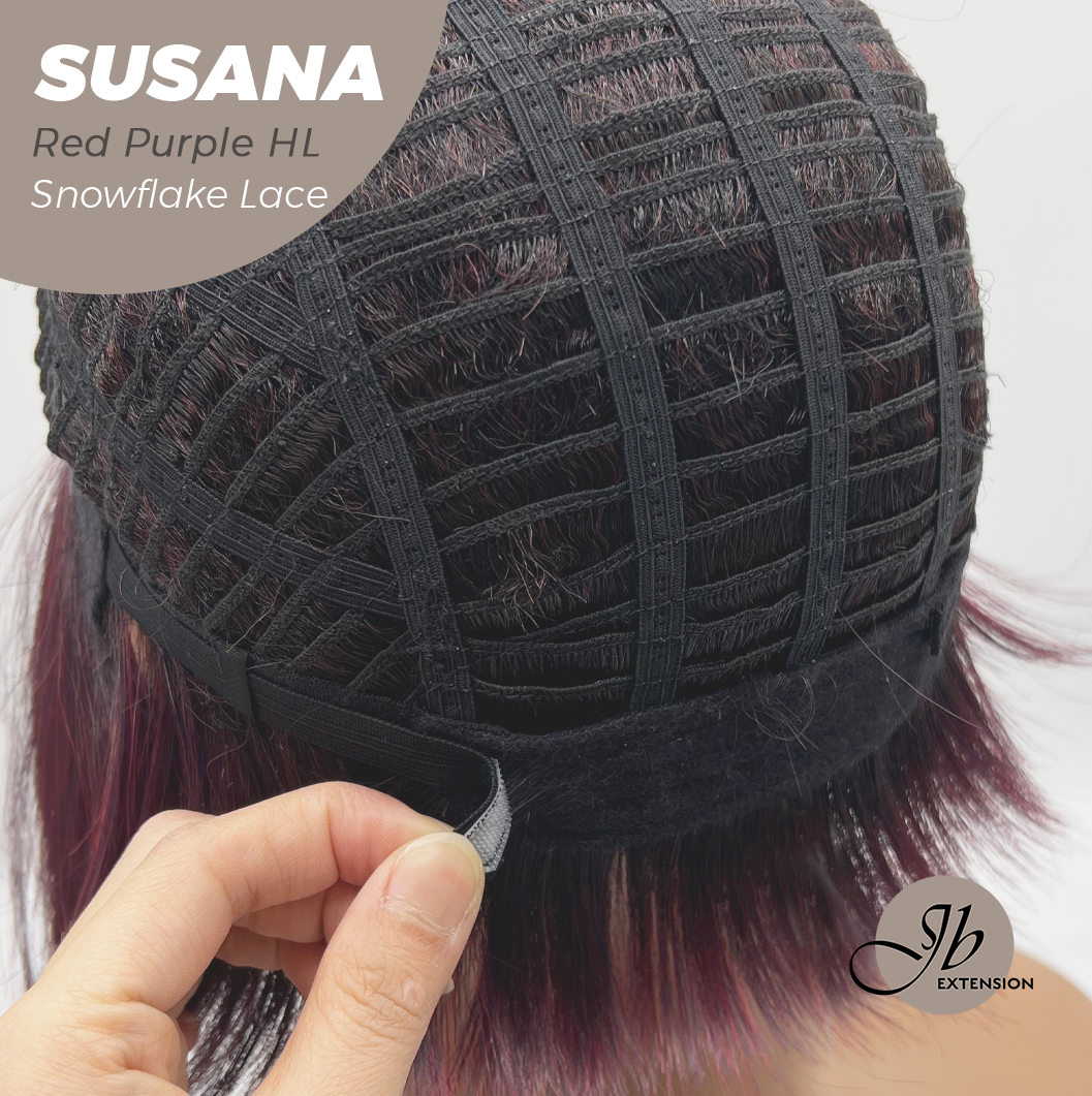 JBEXTENSION 9 Inches Red Purple Highlight Pre-Cut Side Part Snowflake Lace Frontlace Glueless Wig SUSANA RED PURPLE HIGHLIGHT【BENDY EAR TABS】