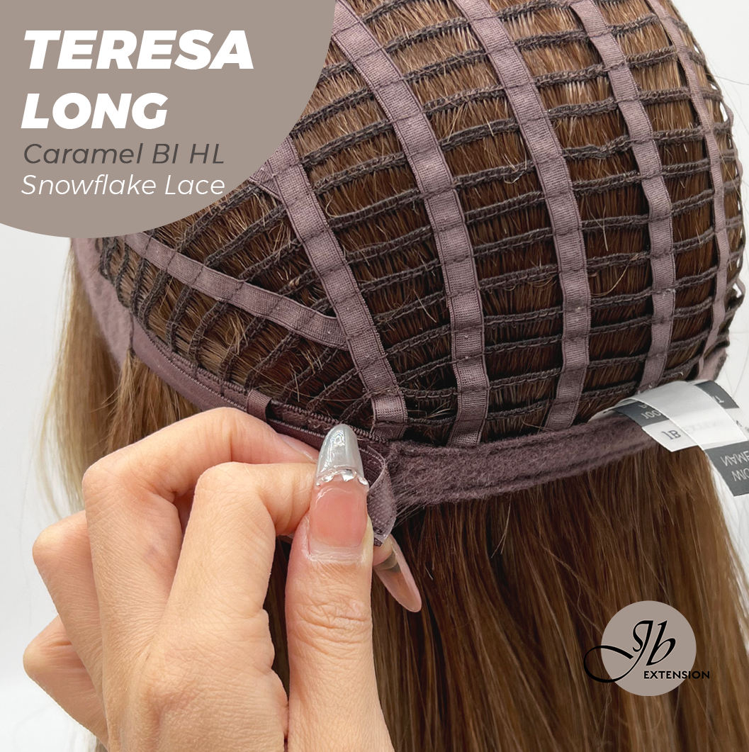 JBEXTENSION 22 Inches Long Caramel Blonde Highlight Pre-Cut Snowflake Lace Frontlace Glueless Wig TERESA LONG CARAMEL BLONDE HIGHLIGHT【PERMATEASE】【BENDY EAR TABS】- S/M