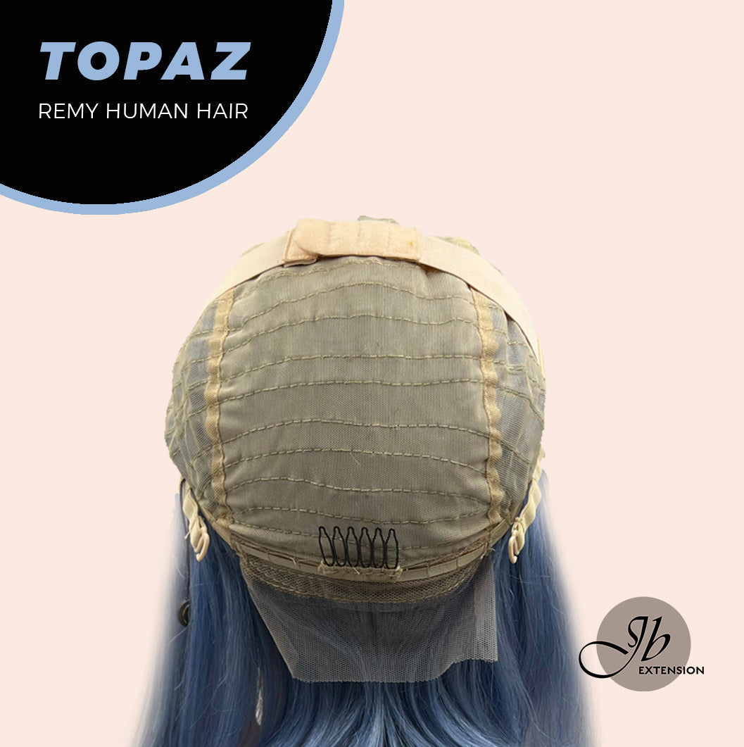 JBEXTENSION GEMSTONE COLLECTION 12 Inches Real Human Hair Light Blue Bob Cut Free Parting Wig TOPAZ
