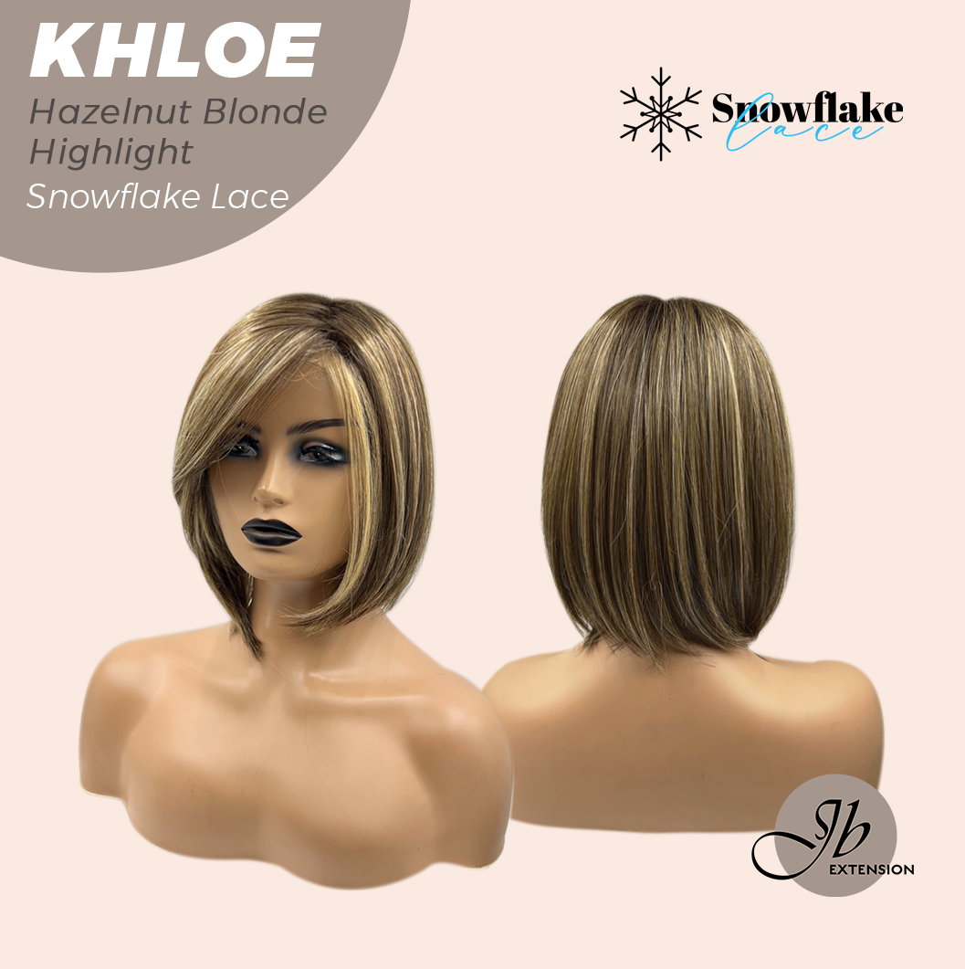 HOT OF SEASON - 12 Inches Bob Cut Hazelnut Blonde Highlight Pre-Cut Snowflake Lace Frontlace Glueless Wig KHLOE HAZELNUT【PERMATEASE】【BENDY EAR TABS】
