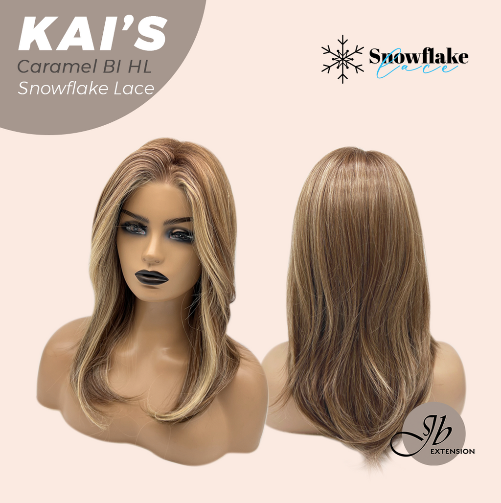 JBEXTENSION 18 Inches Caramel Blonde Highlight Pre-Cut Snowflake Lace Frontlace Glueless Wig KAI'S CARAMEL BLONDE HIGHLIGHT【PERMATEASE】【BENDY EAR TABS】