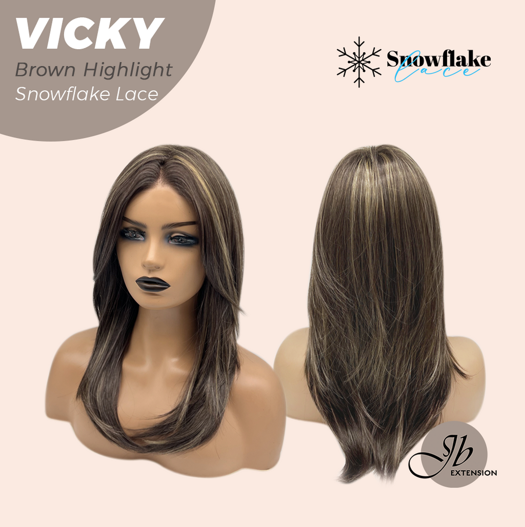JBEXTENSION 20 Inches Dark Brown with Highlight Pre-Cut Snowflake Lace Frontlace Glueless Wig VICKY BROWN HIGHLIGHT【PERMATEASE】【BENDY EAR TABS】- S/M