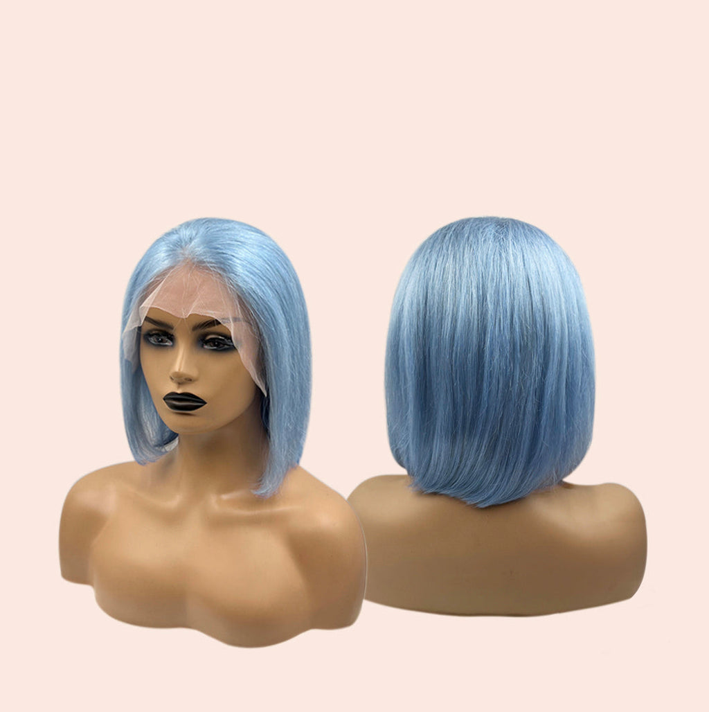 JBEXTENSION GEMSTONE COLLECTION 12 Inches Real Human Hair Light Blue Bob Cut Free Parting Wig TOPAZ