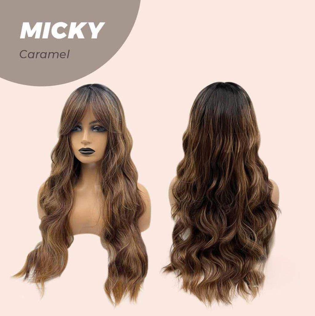 JBEXTENSION 26 Inches Caramel Body Wave With Dark Root Wig With Bangs MICKY CARAMEL