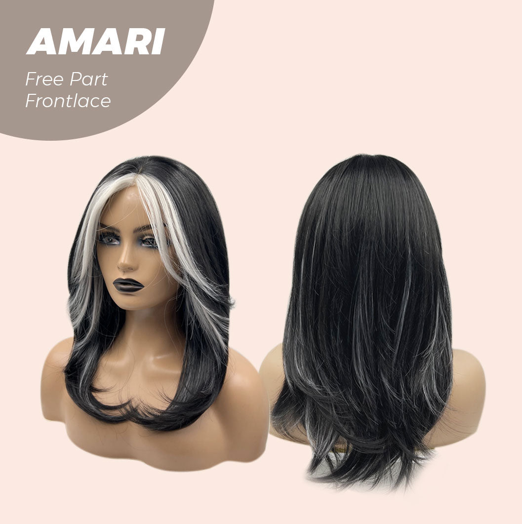 JBEXTENSION 18 Inches Black With White Highlight Pre-Cut Free Part Frontlae Glueless Wig AMARI