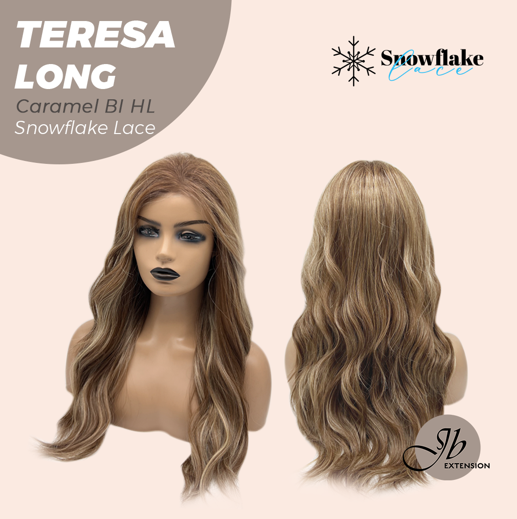 JBEXTENSION 22 Inches Long Caramel Blonde Highlight Pre-Cut Snowflake Lace Frontlace Glueless Wig TERESA LONG CARAMEL BLONDE HIGHLIGHT【PERMATEASE】【BENDY EAR TABS】- S/M
