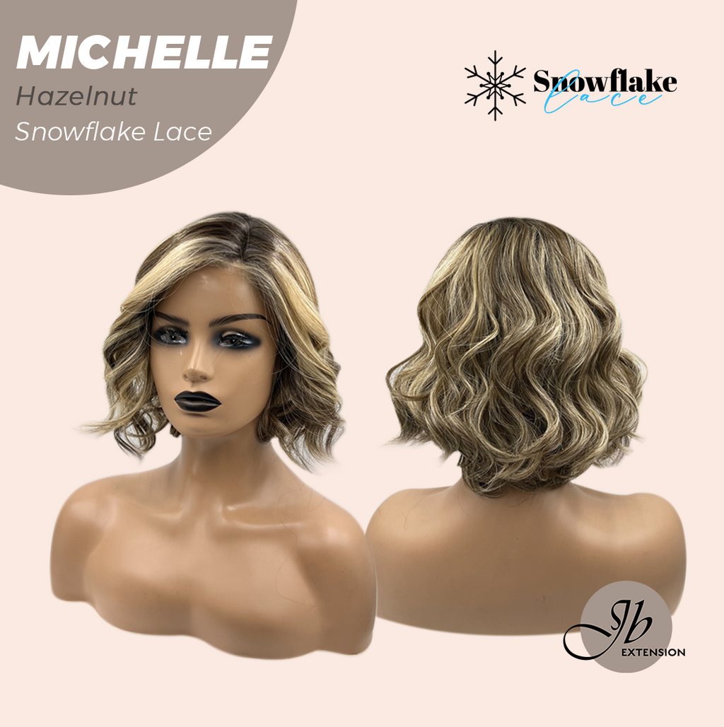JBEXTENSION 10 Inches Hazelnut Blonde Highlight Pre-Cut Side Part Snowflake Lace Frontlace Glueless Wig MICHELLE HAZELNUT【BENDY EAR TABS】