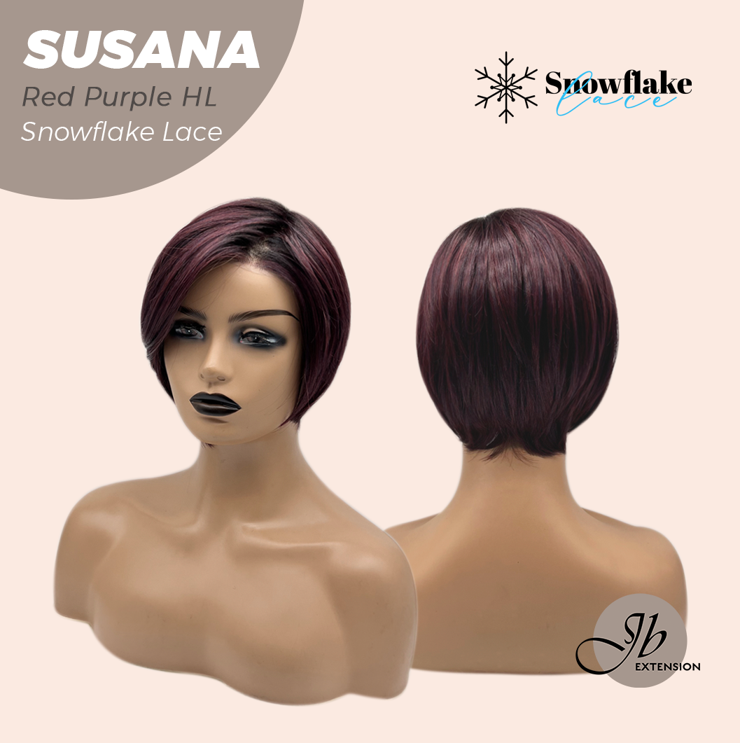 JBEXTENSION 9 Inches Red Purple Highlight Pre-Cut Side Part Snowflake Lace Frontlace Glueless Wig SUSANA RED PURPLE HIGHLIGHT【BENDY EAR TABS】