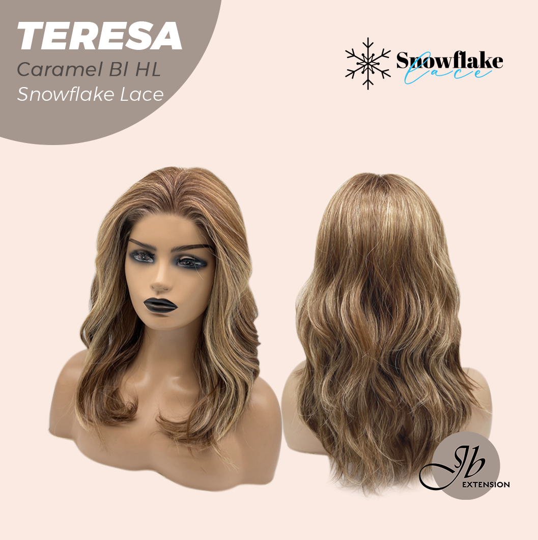 JBEXTENSION 18 Inches Caramel Blonde Highlight Pre-Cut Snowflake Lace Frontlace Glueless Wig TERESA CARAMEL BLONDE HIGHLIGHT【PERMATEASE】【BENDY EAR TABS】- M/L