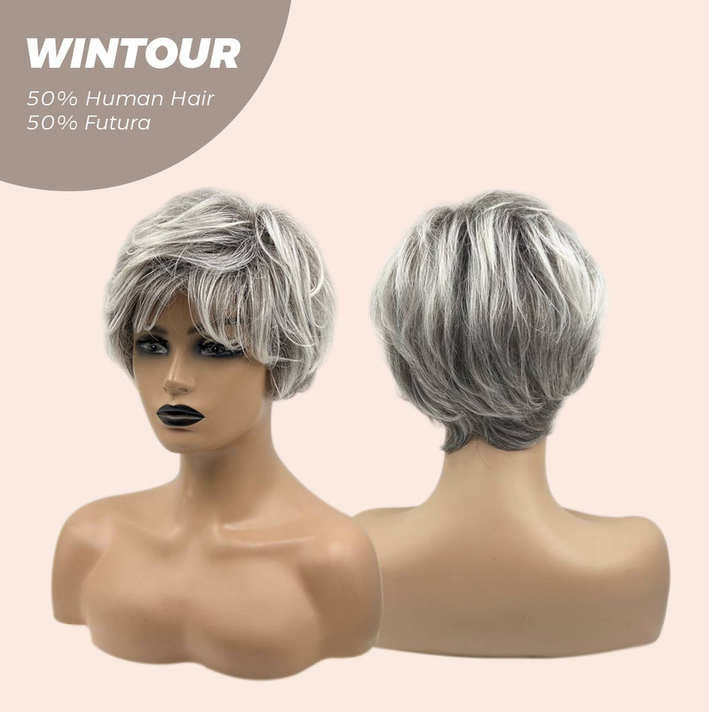 Olivia's Pick-Pixie Cut Silver Half Real Human Hair Half Futura Fiber Fashion Women Wig WINTOUR