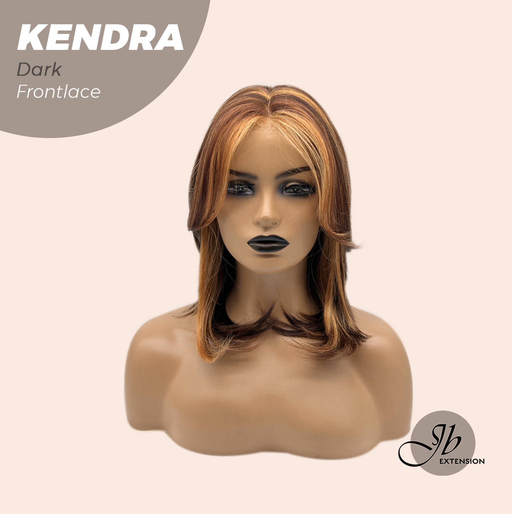 JBEXTENSION 16 Inches Dark Auburn Highlight Pre-Cut Frontlace Glueless Wig KENDRA DARK