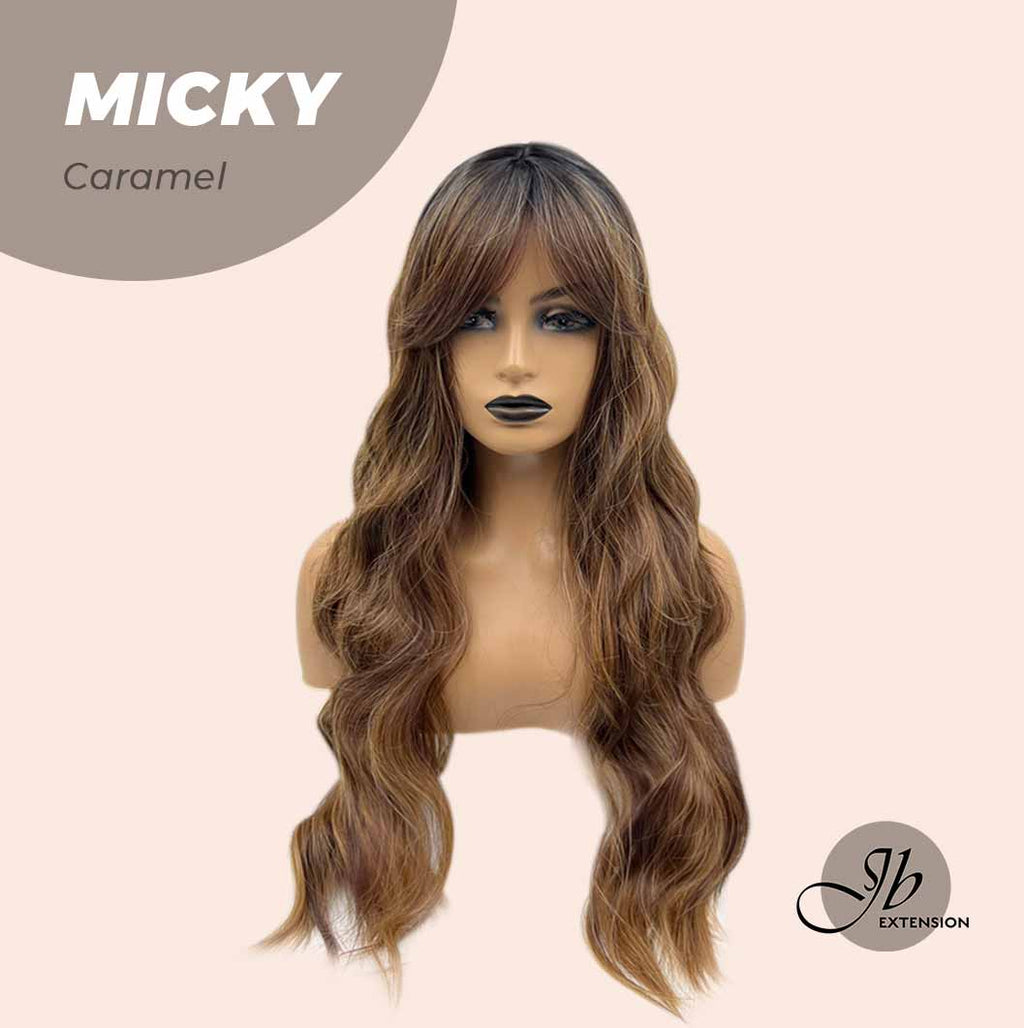 JBEXTENSION 26 Inches Caramel Body Wave With Dark Root Wig With Bangs MICKY CARAMEL