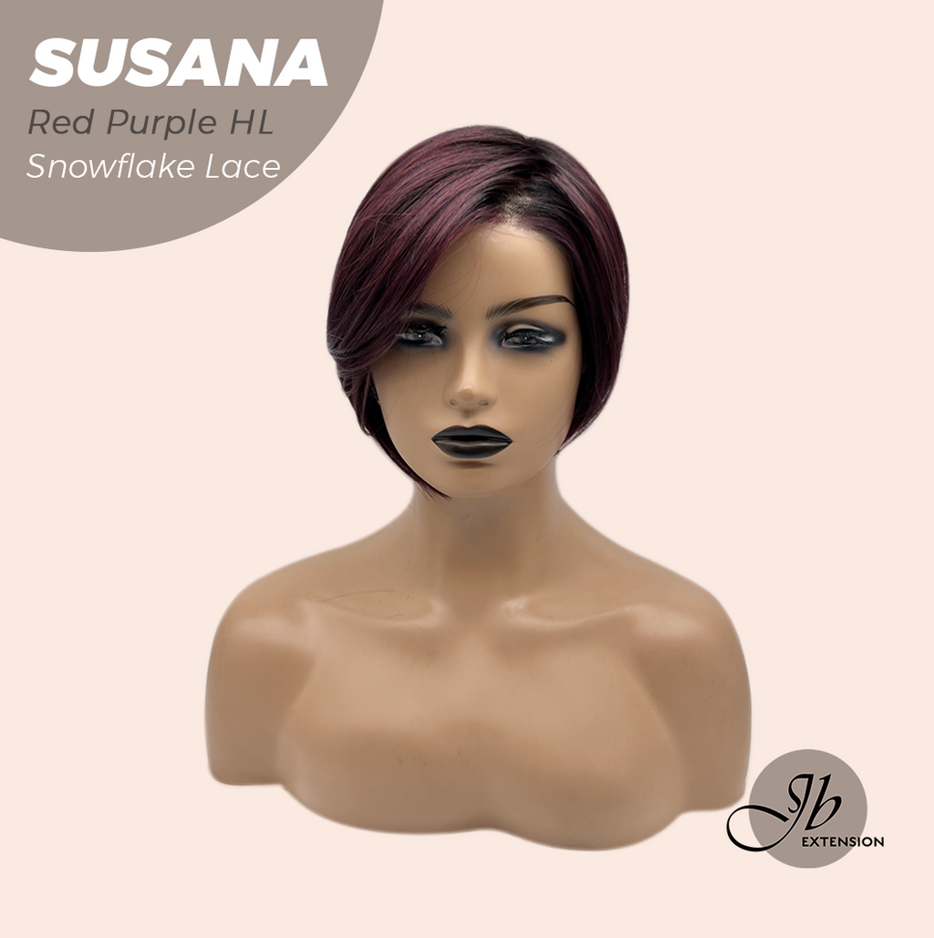 JBEXTENSION 9 Inches Red Purple Highlight Pre-Cut Side Part Snowflake Lace Frontlace Glueless Wig SUSANA RED PURPLE HIGHLIGHT【BENDY EAR TABS】