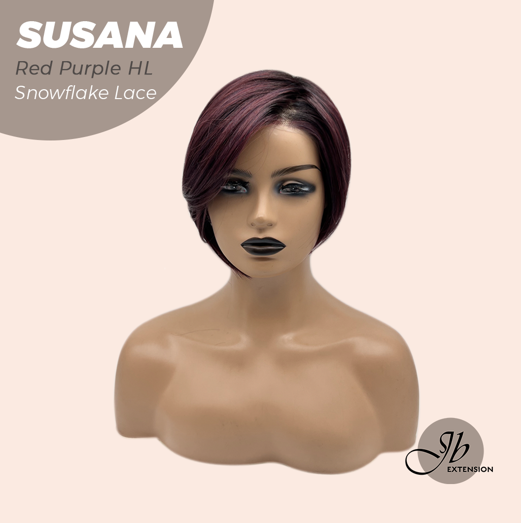 JBEXTENSION 9 Inches Red Purple Highlight Pre-Cut Side Part Snowflake Lace Frontlace Glueless Wig SUSANA RED PURPLE HIGHLIGHT【BENDY EAR TABS】