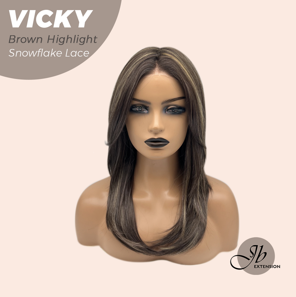 JBEXTENSION 20 Inches Dark Brown with Highlight Pre-Cut Snowflake Lace Frontlace Glueless Wig VICKY BROWN HIGHLIGHT【PERMATEASE】【BENDY EAR TABS】- S/M