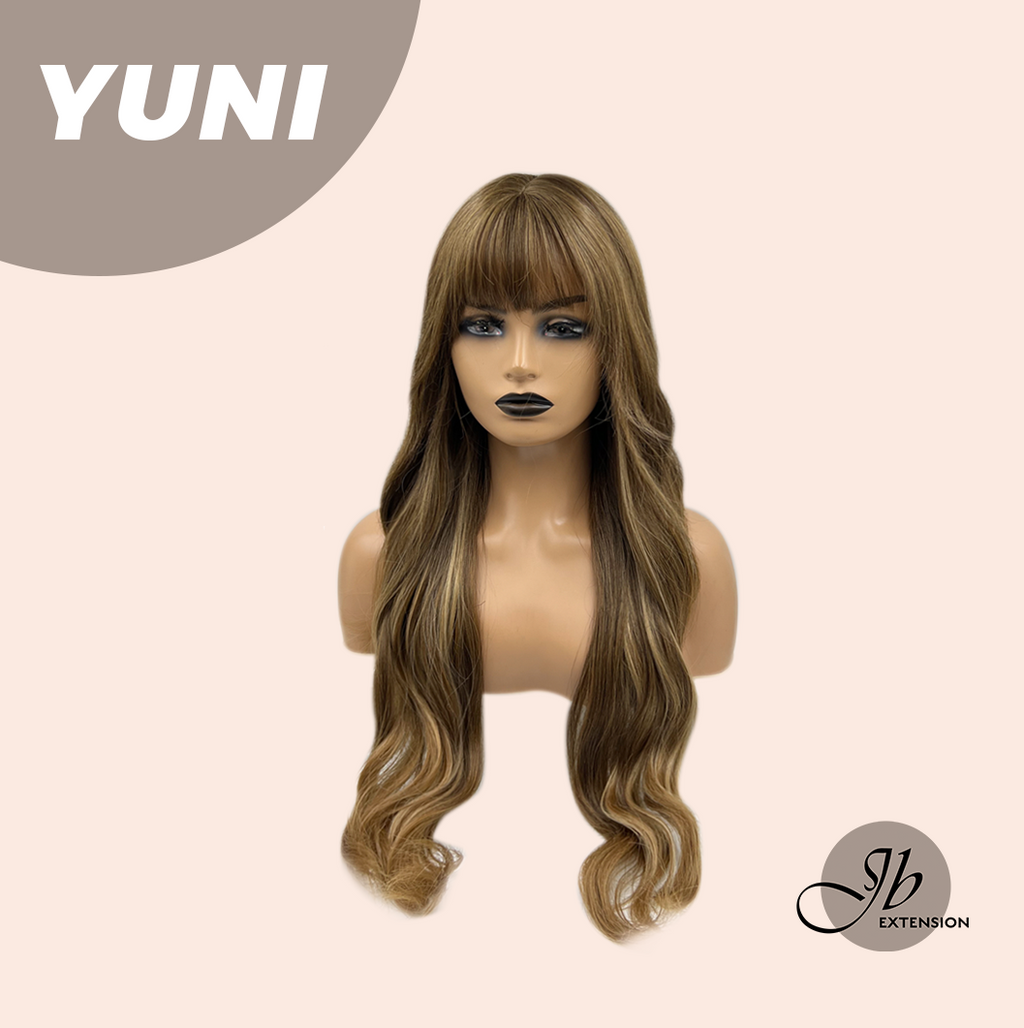 JBEXTENSION 28 Inches Brown With Highlight Curly Wig With Bangs YUNI