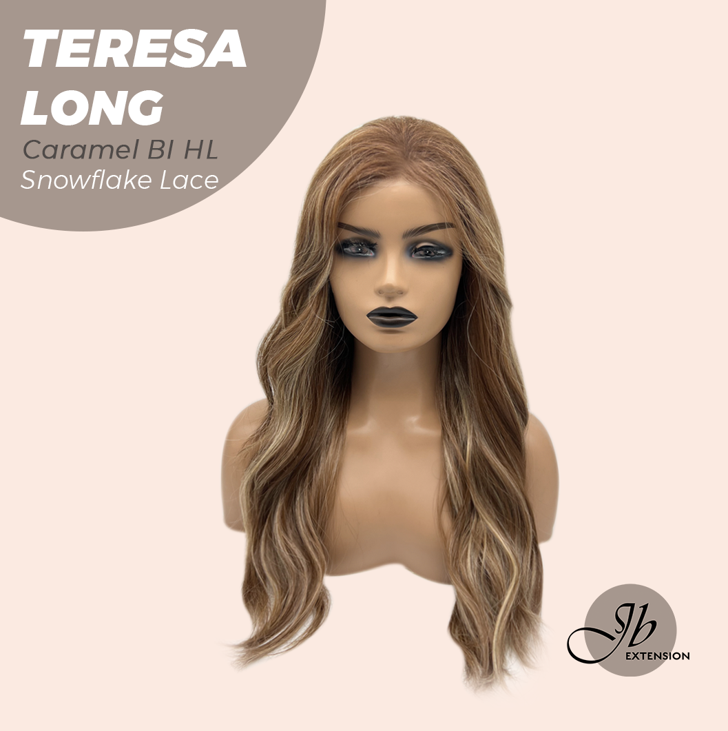 JBEXTENSION 22 Inches Long Caramel Blonde Highlight Pre-Cut Snowflake Lace Frontlace Glueless Wig TERESA LONG CARAMEL BLONDE HIGHLIGHT【PERMATEASE】【BENDY EAR TABS】- S/M