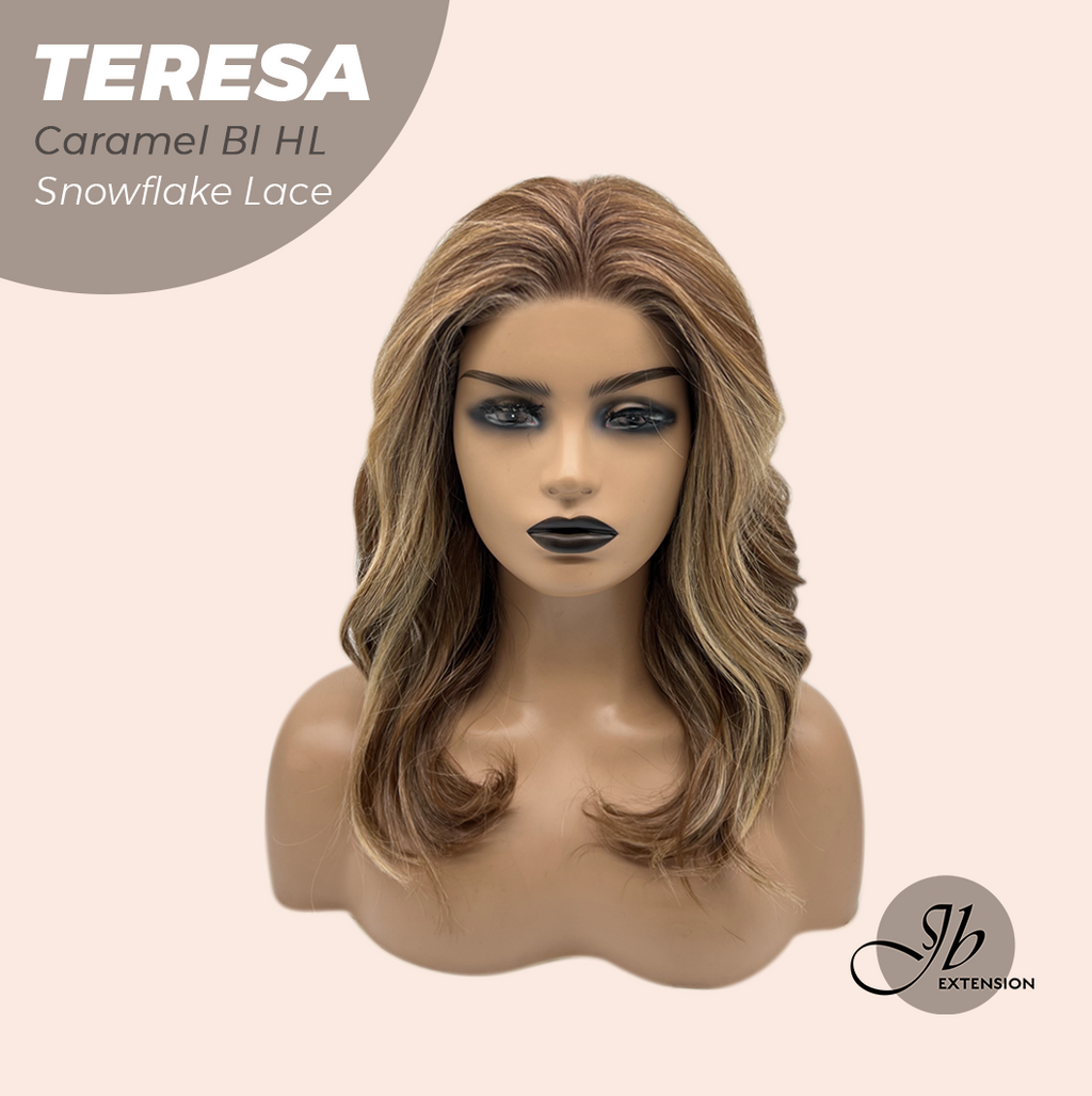 JBEXTENSION 18 Inches Caramel Blonde Highlight Pre-Cut Snowflake Lace Frontlace Glueless Wig TERESA CARAMEL BLONDE HIGHLIGHT【PERMATEASE】【BENDY EAR TABS】- S/M