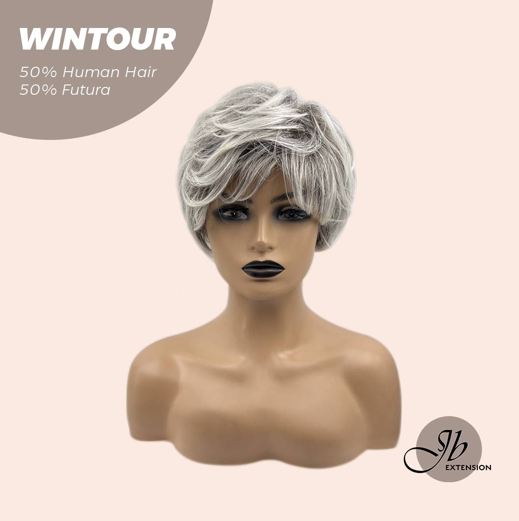 HOT OF SEASON -Pixie Cut Silver Half Real Human Hair Half Futura Fiber Fashion Women Wig WINTOUR