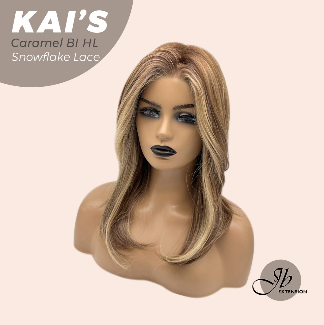 JBEXTENSION 18 Inches Caramel Blonde Highlight Pre-Cut Snowflake Lace Frontlace Glueless Wig KAI'S CARAMEL BLONDE HIGHLIGHT【PERMATEASE】【BENDY EAR TABS】