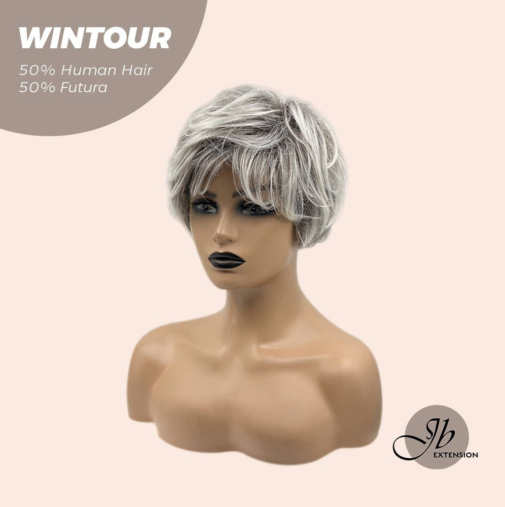 HOT OF SEASON -Pixie Cut Silver Half Real Human Hair Half Futura Fiber Fashion Women Wig WINTOUR