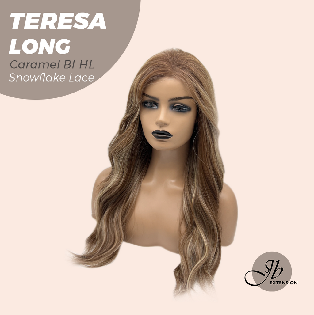 JBEXTENSION 22 Inches Long Caramel Blonde Highlight Pre-Cut Snowflake Lace Frontlace Glueless Wig TERESA LONG CARAMEL BLONDE HIGHLIGHT【PERMATEASE】【BENDY EAR TABS】- S/M