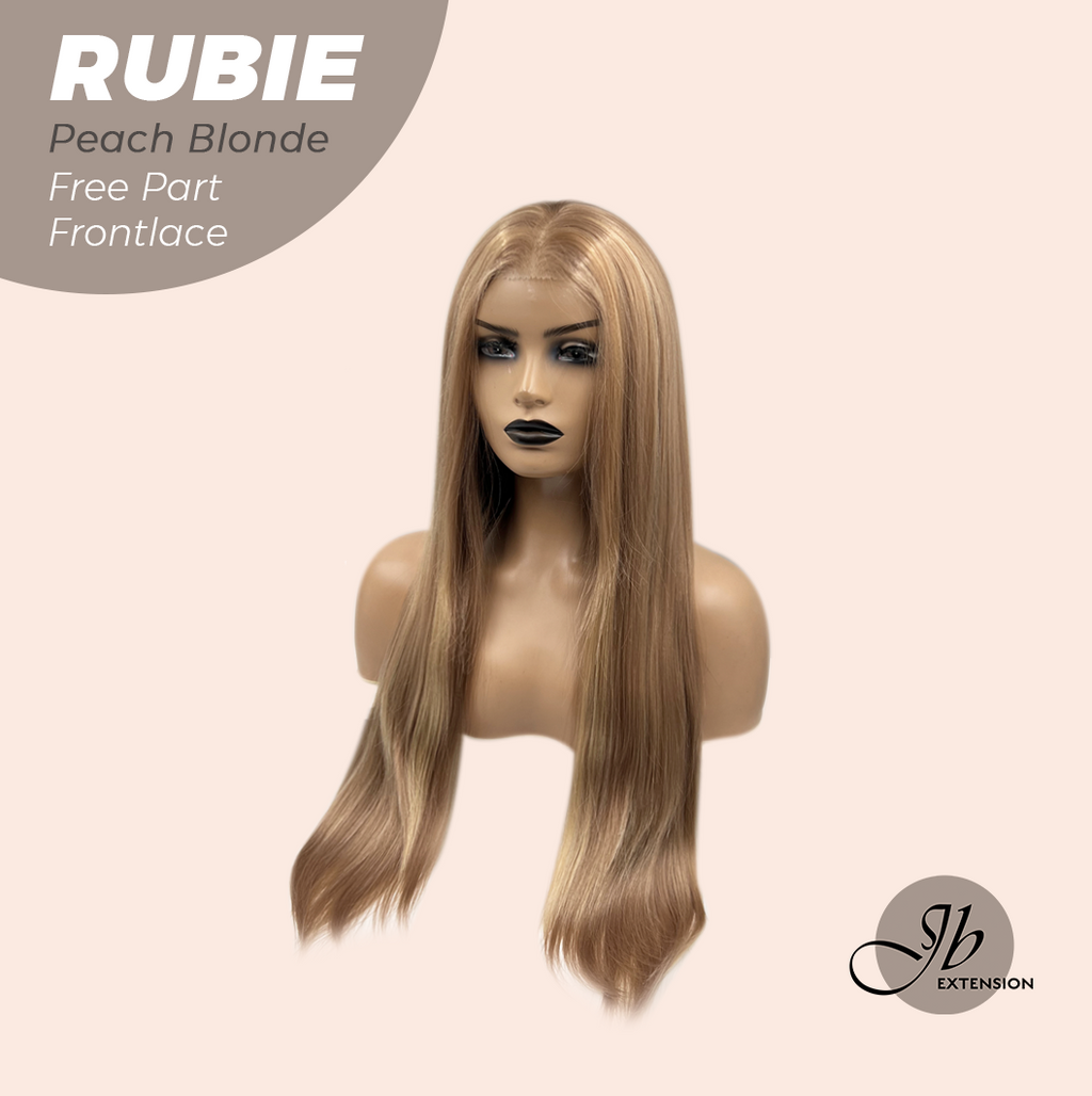 JBEXTENSION 30 Inches Peach Blonde Long Straight Fiber X, Tangle Less Pre-Cut Free Part Frontlae Glueless Wig RUBIE PEACH BLONDE【FIBER X】
