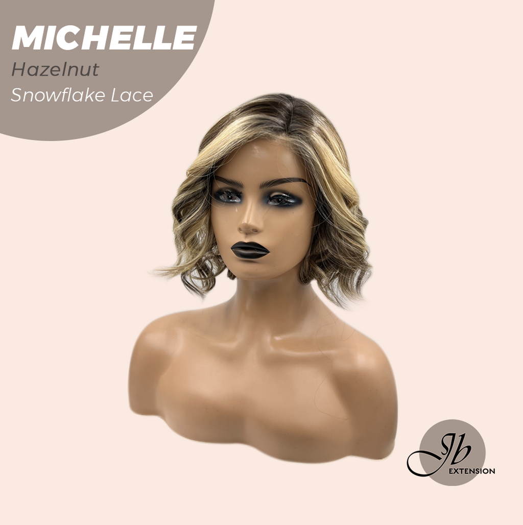 JBEXTENSION 10 Inches Hazelnut Blonde Highlight Pre-Cut Side Part Snowflake Lace Frontlace Glueless Wig MICHELLE HAZELNUT【BENDY EAR TABS】