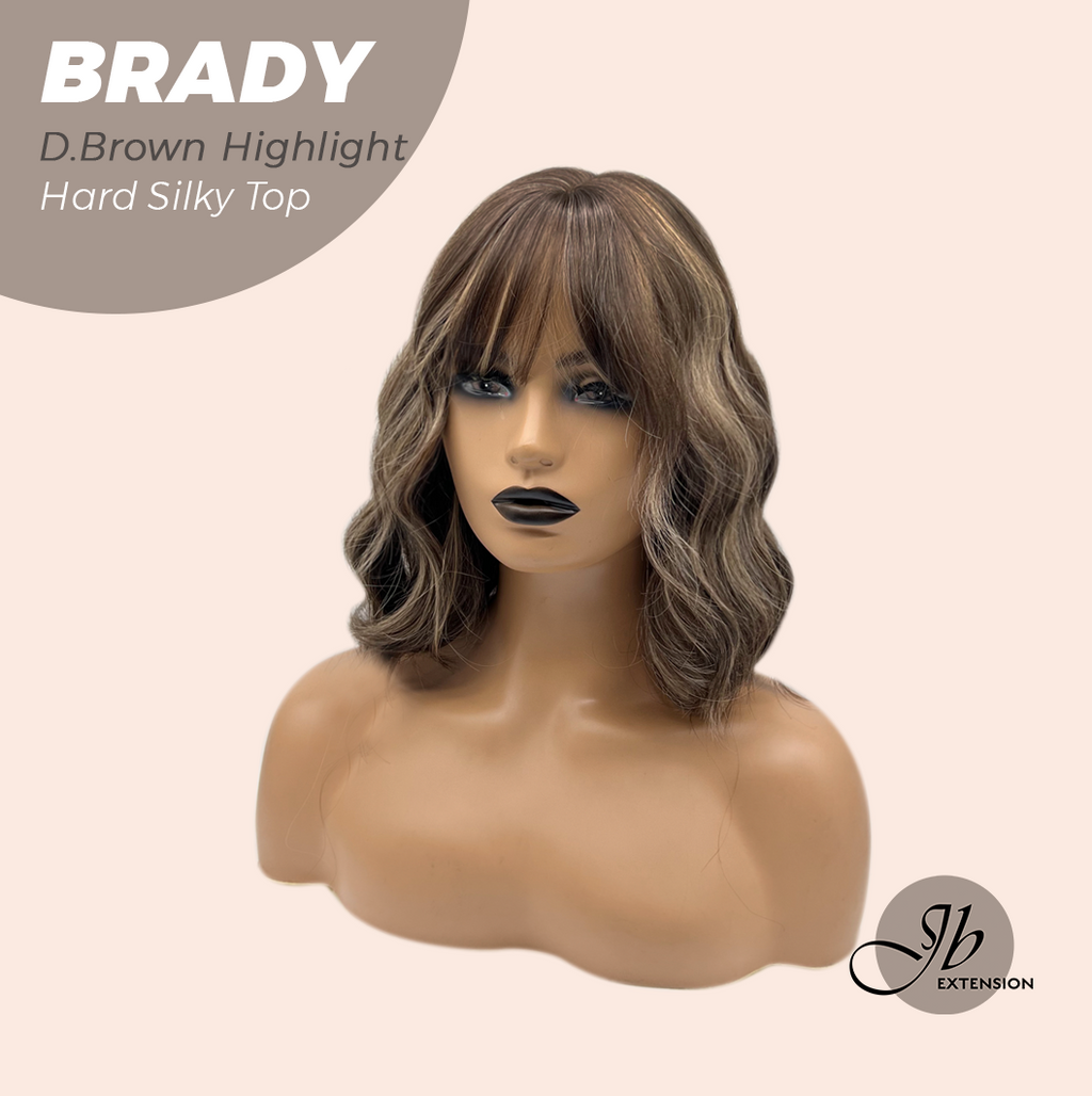 JBEXTENSION 12 Inches Scalpiana Wave Dark Brown with Highlight 3.5X4 Hard Silky Top Natural Scalp Effect Wig with Bang BRADY DARK BROWN HIGHLIGHT