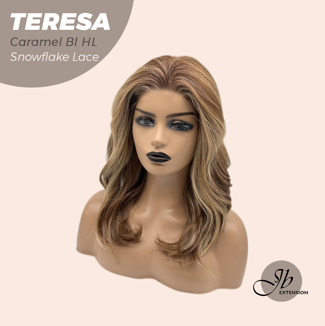 JBEXTENSION 18 Inches Caramel Blonde Highlight Pre-Cut Snowflake Lace Frontlace Glueless Wig TERESA CARAMEL BLONDE HIGHLIGHT【PERMATEASE】【BENDY EAR TABS】- S/M
