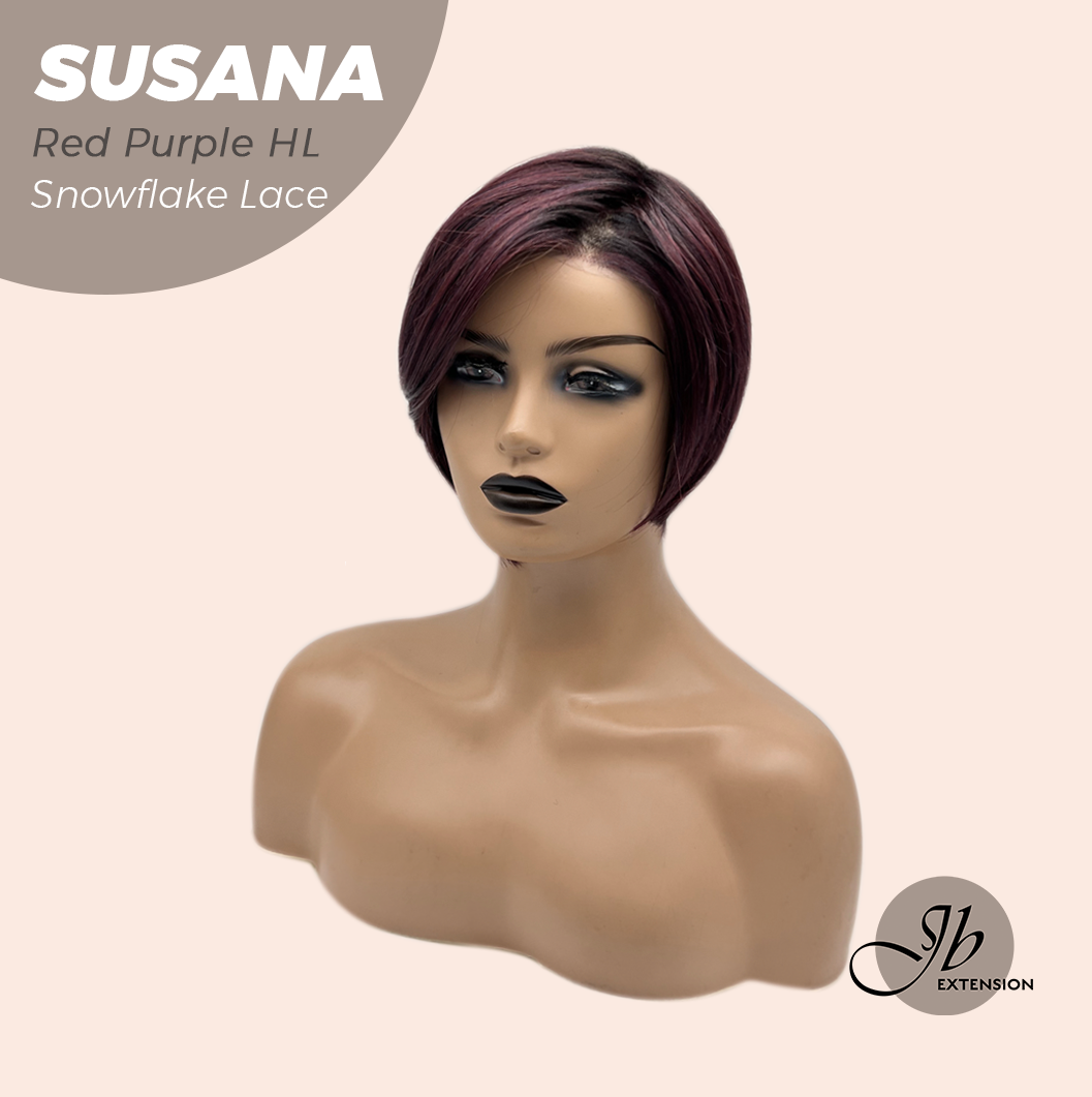 JBEXTENSION 9 Inches Red Purple Highlight Pre-Cut Side Part Snowflake Lace Frontlace Glueless Wig SUSANA RED PURPLE HIGHLIGHT【BENDY EAR TABS】