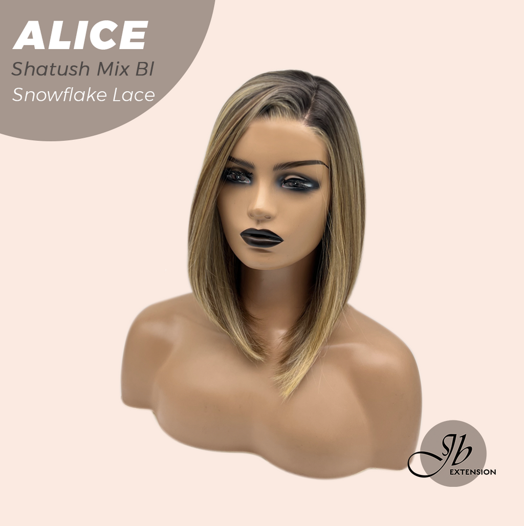 JBEXTENSION 12 Inches Shatush Mix Blonde Pre-Cut Side Part Snowflake Lace Frontlace Glueless Wig ALICE SHATUSH MIX BLONDE【BENDY EAR TABS】- M/L