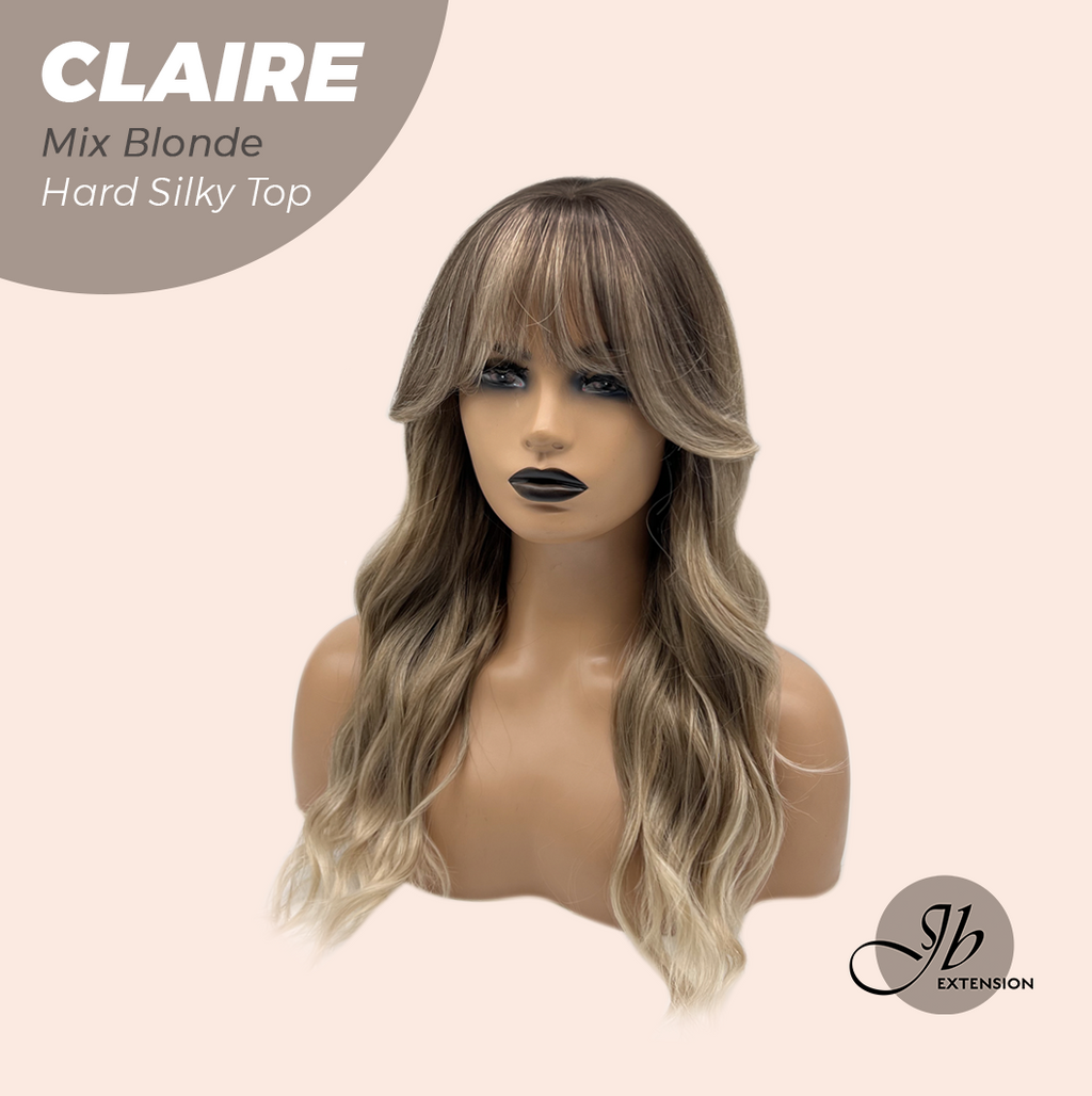 JBEXTENSION 22 Inches Scalpiana Mix Blonde 3.5X4 Hard Silky Top Natural Scalp Effect Women Wig With Bangs CLAIRE SILKY TOP MIX BLONDE
