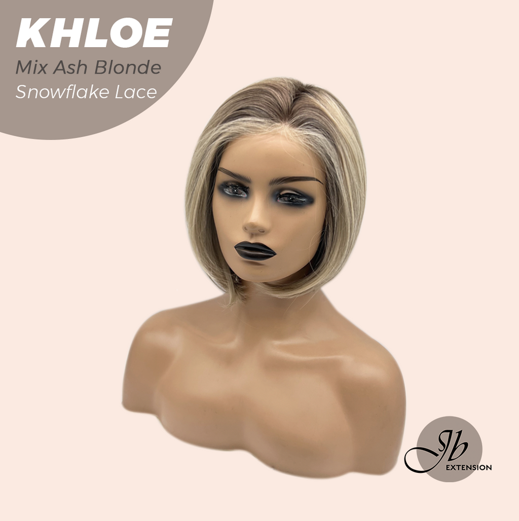 JBEXTENSION 12 Inches Bob Cut Mix Ash Blonde Pre-Cut Snowflake Lace Frontlace Glueless Wig KHLOE MIX ASH BLONDE【PERMATEASE】【BENDY EAR TABS】- M/L