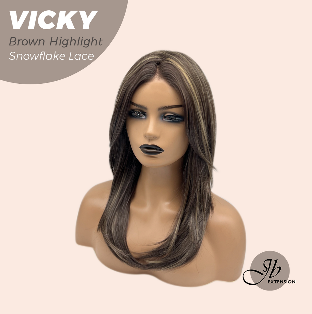 JBEXTENSION 20 Inches Dark Brown with Highlight Pre-Cut Snowflake Lace Frontlace Glueless Wig VICKY BROWN HIGHLIGHT【PERMATEASE】【BENDY EAR TABS】- S/M