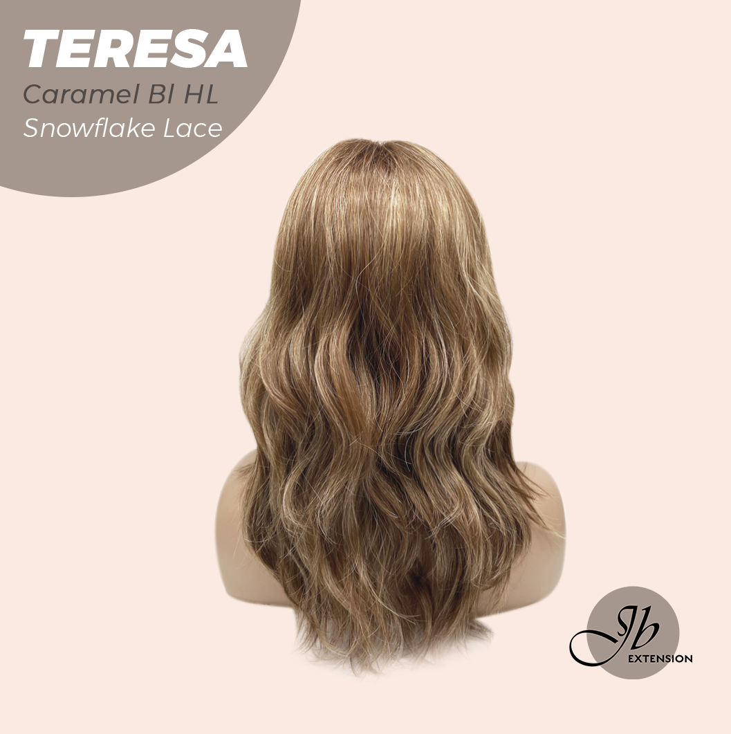JBEXTENSION 18 Inches Caramel Blonde Highlight Pre-Cut Snowflake Lace Frontlace Glueless Wig TERESA CARAMEL BLONDE HIGHLIGHT【PERMATEASE】【BENDY EAR TABS】- S/M