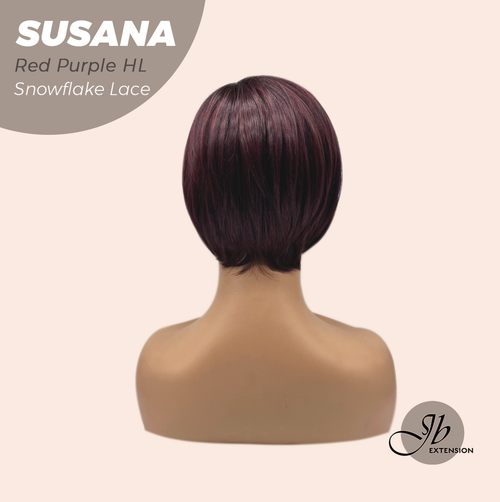 JBEXTENSION 9 Inches Red Purple Highlight Pre-Cut Side Part Snowflake Lace Frontlace Glueless Wig SUSANA RED PURPLE HIGHLIGHT【BENDY EAR TABS】